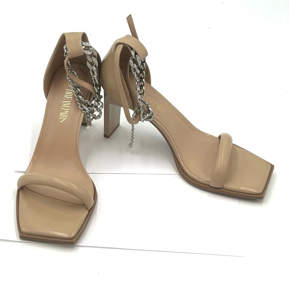 NIB Dream Pairs Nude Leather Square Toe Heels with Rhinestone Ankle Chai…